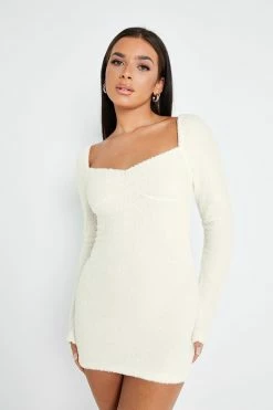 SOLADO Square Neck Fluffy Cut Out Long Sleeve Mini Dress