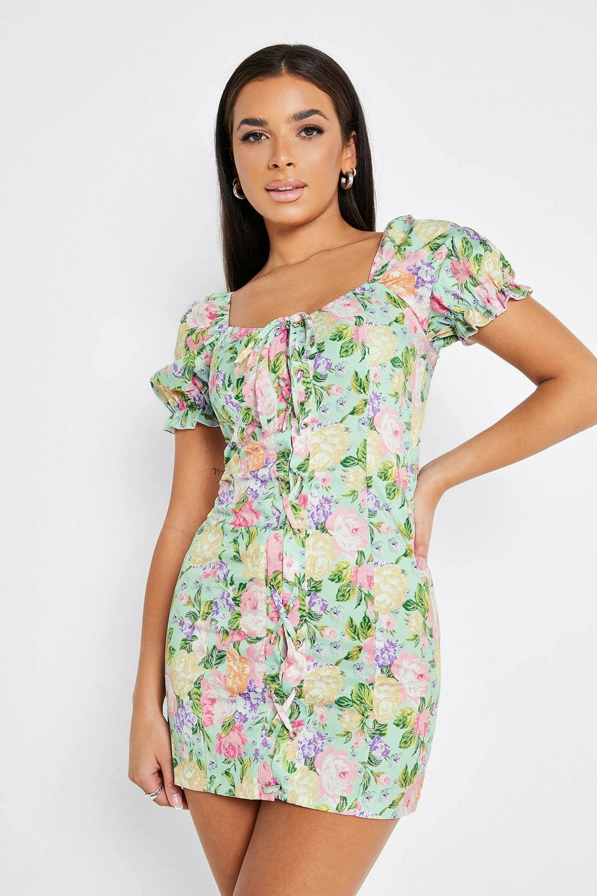 Solado Square Neck Floral Print Puff Sleeve Mini Dress 1 Solado Square Neck Floral Print Puff Sleeve Mini Dress