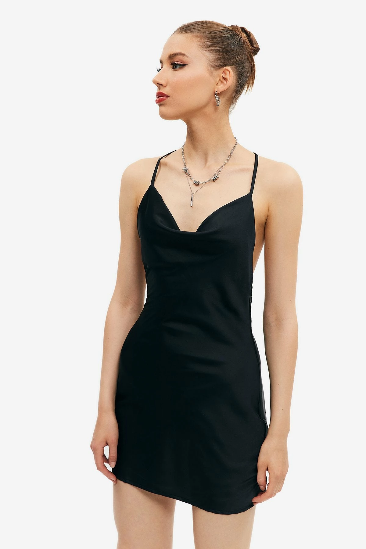 Solado Satin Backless Cowl Neck Solid Mini Dress 3 Solado Satin Backless Cowl Neck Solid Mini Dress - Image 3