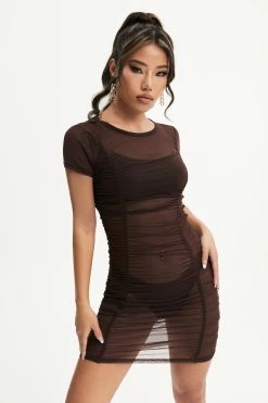 Solado Solid Mesh Ruched Bodycon Mini Dress