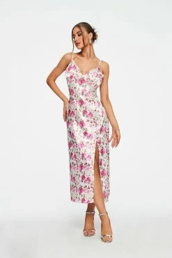 Solado Plunging Neck Floral Print Split Hem Maxi Dress