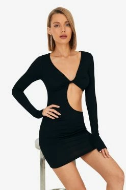 SOLADO Cut Out Twist Front Long Sleeve Mini Dress