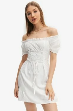 Solado Off Shoulder Lace Up Lettuce Trim Mini Dress