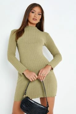 Solado Lettuce Trim Solid Long Sleeve Sweater Dress