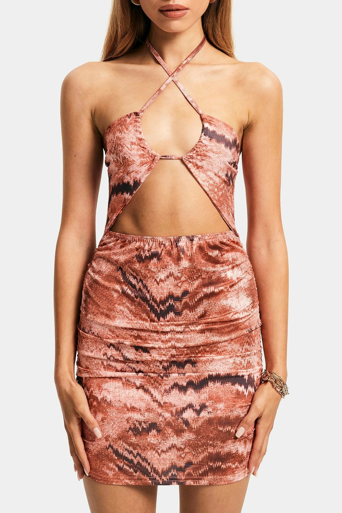 Solado Abstract Print Cut Out Drawstring Ruched Mini Dress 6 Solado Abstract Print Cut Out Drawstring Ruched Mini Dress - Image 6