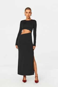SOLADO Cut Out Split Hem Long Sleeve Maxi Dress