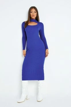 Solado Ribbed Knit Cut Out Long Sleeve Sweater Dress