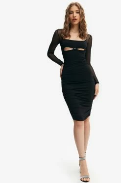 Solado Square Neck Cut Out Mesh Splicing Midi Dress