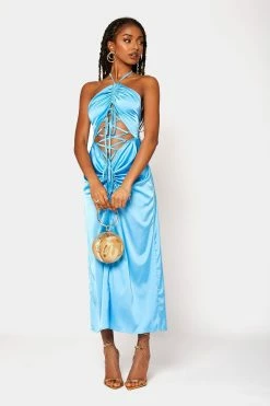 SOLADO Satin Lace Up Ruched Backless Maxi Dress