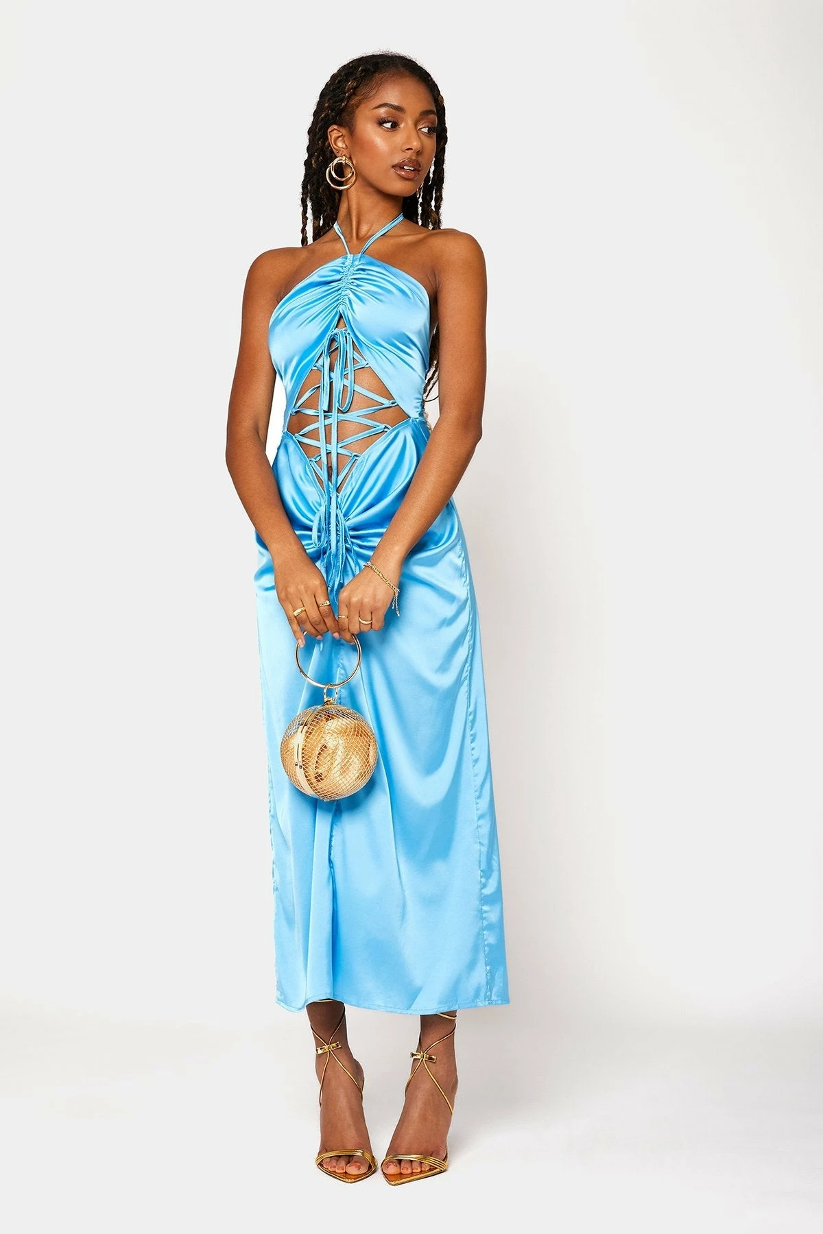 SOLADO Satin Lace Up Ruched Backless Maxi Dress 1 SOLADO Satin Lace Up Ruched Backless Maxi Dress