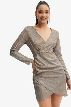 Solado Lurex Plunge Neck Asymmetrical Hem Long Sleeve Mini Dress