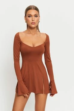 SOLADO Plunging Neck Split Hem Long Sleeve Mini Dress