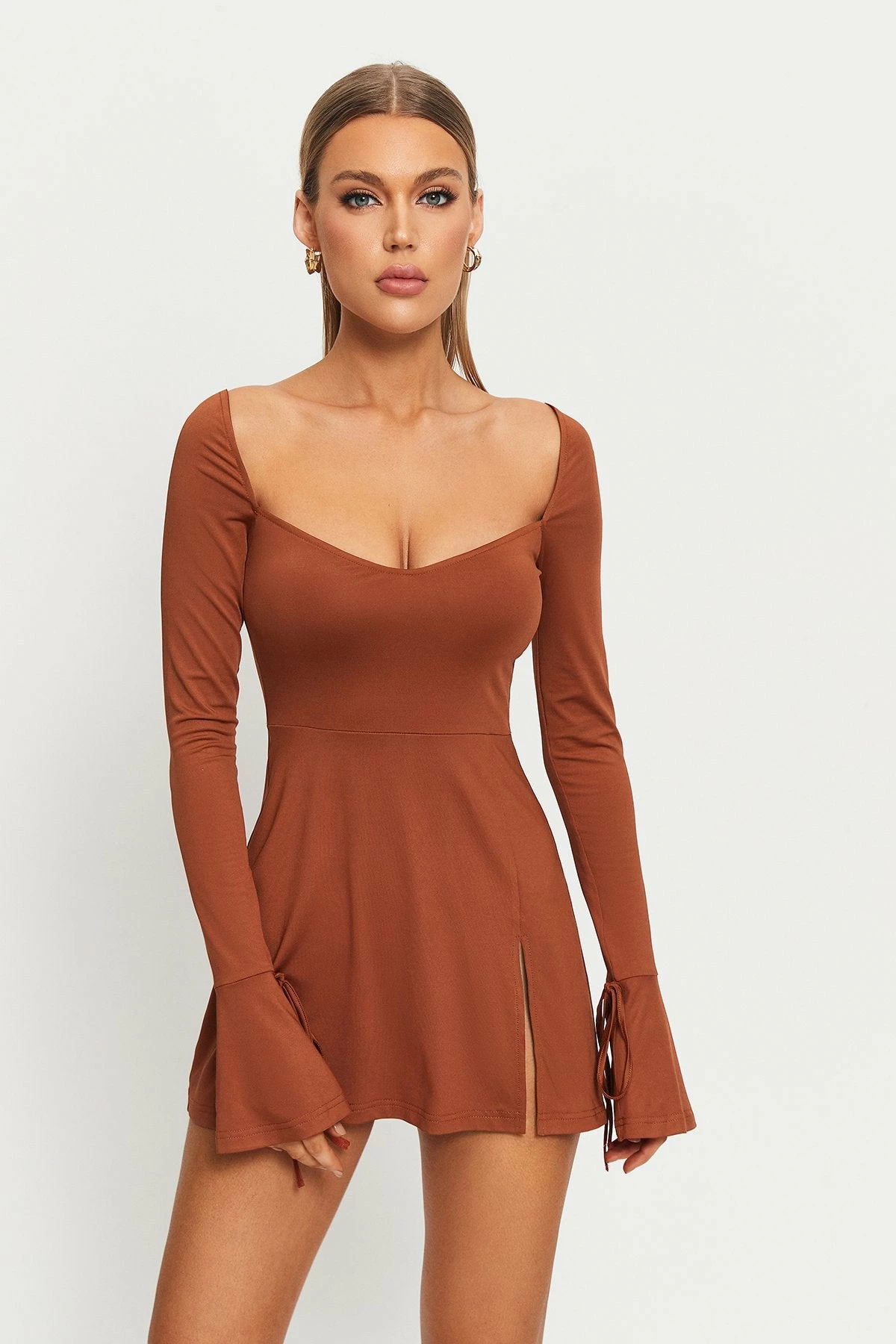 SOLADO Plunging Neck Split Hem Long Sleeve Mini Dress 1 SOLADO Plunging Neck Split Hem Long Sleeve Mini Dress