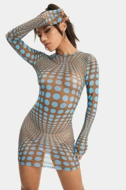 SOLADO Polka Dot Print Mesh Long Sleeve Mini Dress Without Panty