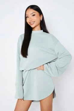 SOLADO Cinched Waist Split Hem Long Sleeve Mini Dress