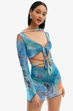 Solado Tie Dye Mesh Cut Out Seam Trim Mini Dress