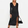 SOLADO Plunging Neck Stripe Knitted Split Hem Midi Dress