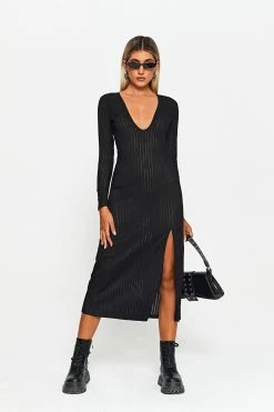 SOLADO Plunging Neck Stripe Knitted Split Hem Midi Dress