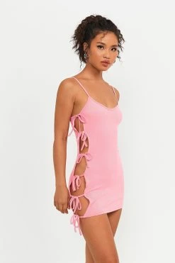 Solado Plunging Neck Tie Side Ribbed Mini Dress