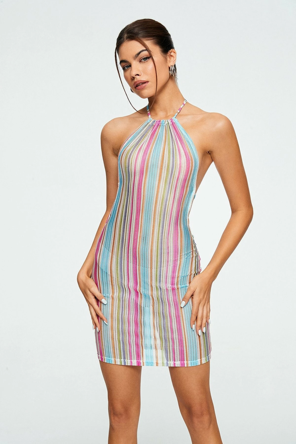 Solado Colorful Striped Backless Knitted Mini Dress 1 Solado Colorful Striped Backless Knitted Mini Dress