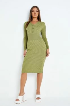 Solado Button Front Knitted Long Sleeve Bodycon Midi Dress