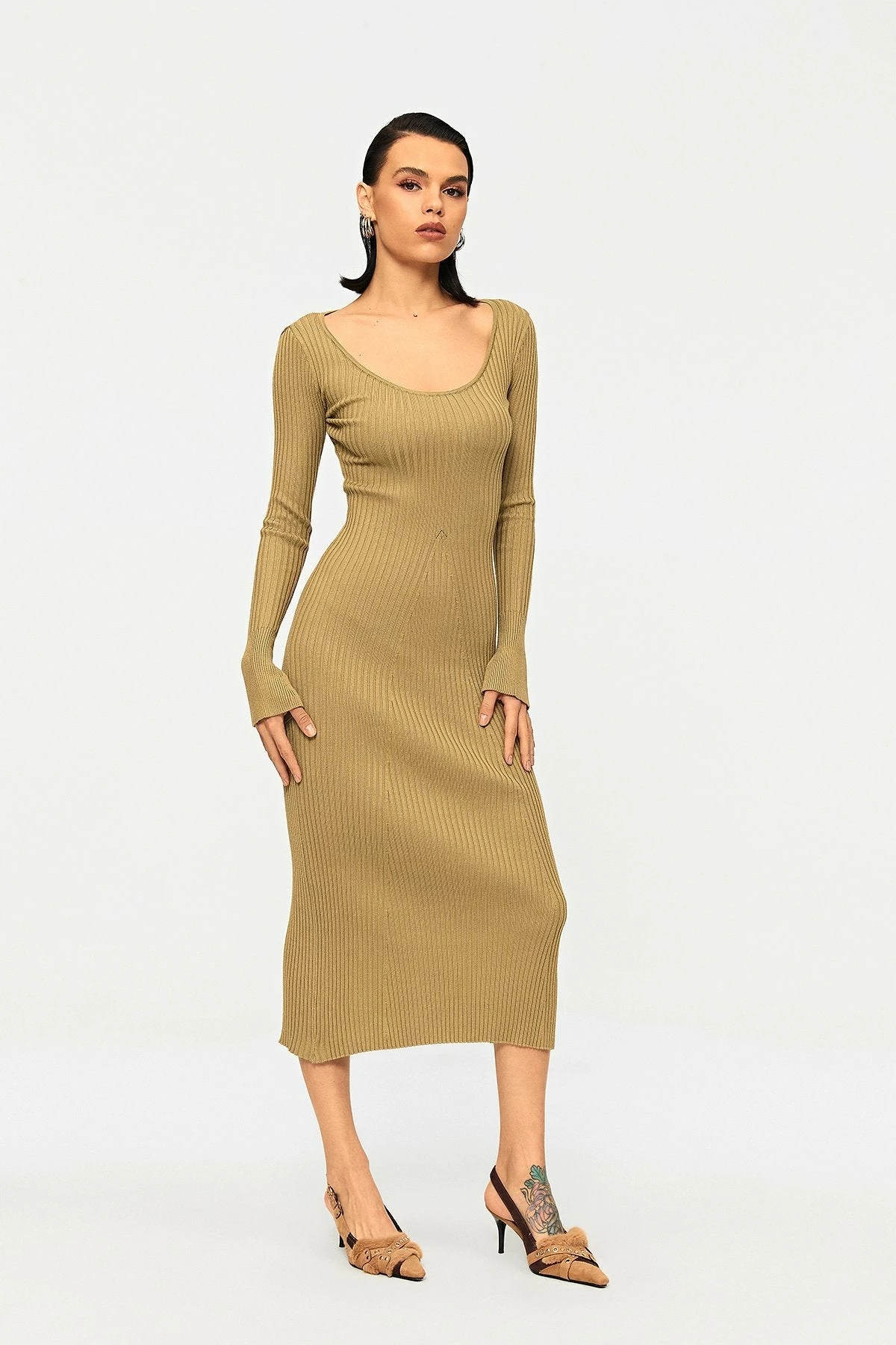 Solado Plunging Neck Stripe Knit Mermaid Sweater Dress 3 Solado Plunging Neck Stripe Knit Mermaid Sweater Dress - Image 3