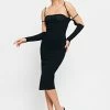 SOLADO Cold Shoulder Thumb Hole Cinched Waist Midi Dress