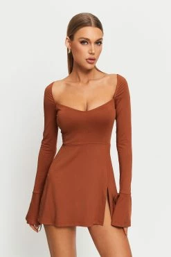 Alternative view of SOLADO Plunging Neck Split Hem Long Sleeve Mini Dress