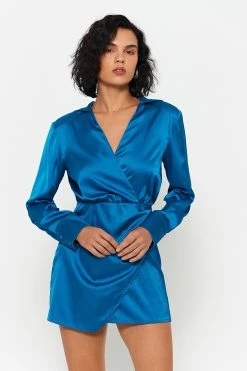 Alternative view of SOLADO Satin Cinched Waist Wrap Hem Long Sleeve Mini Dress