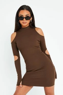 SOLADO Cold Shoulder Long Sleeve Solid Mini Dress