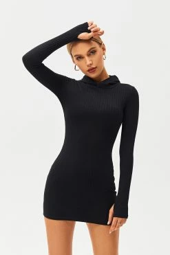 Solado Stripe Knitted Thumb Hole Hooded Mini Dress