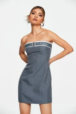 SOLADO Colorblock Stripe Print Tube Mini Dress With Belt