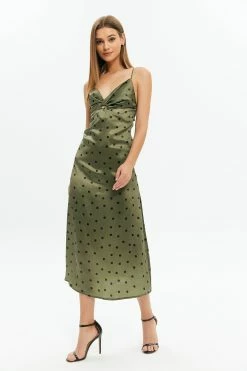 Solado Satin Polka Dot Twist Front Backless Midi Dress