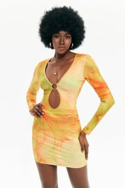 Solado Plunging Neck Tie Dye Mesh Cut Out Mini Dress