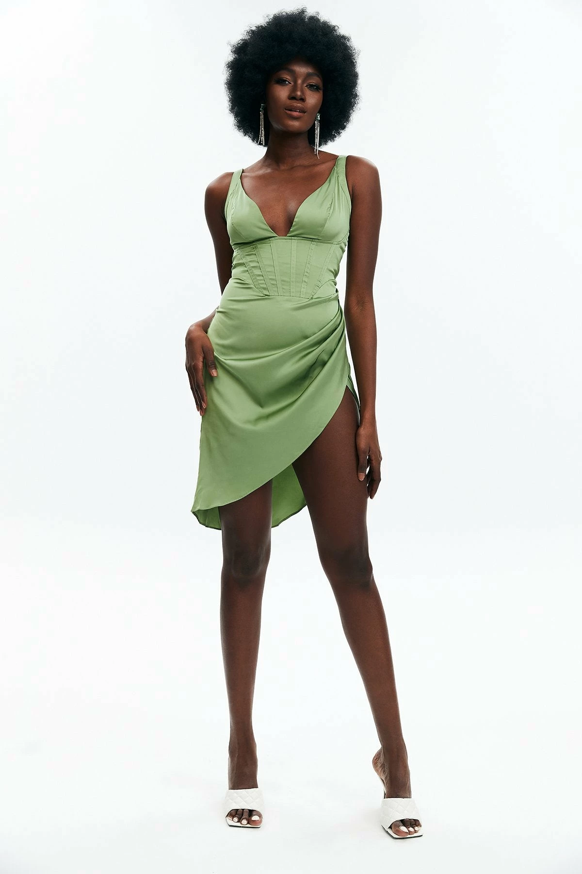 Solado Satin Ruched Split Hem Mini Dress 2 Solado Satin Ruched Split Hem Mini Dress - Image 2