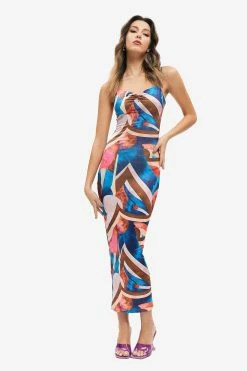 Solado Plunging Neck Abstract Print Backless Bodycon Maxi Dress