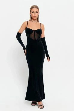 SOLADO Plunging Neck Mesh Splicing Velvet Mermaid Dress With Oversleeve