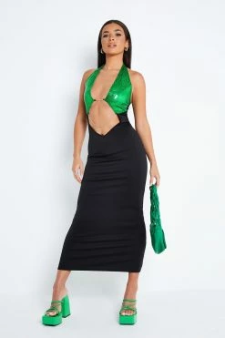 Solado Cut Out Sequin Splicing Chain Decor Midi Dress