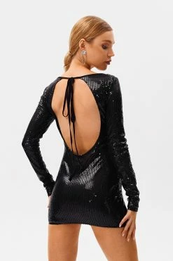 SOLADO Sequin Open Back Tie Detail Long Sleeve Mini Dress