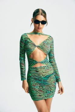 Solado Cut Out Abstract Print Long Sleeve Mini Dress Without Panty