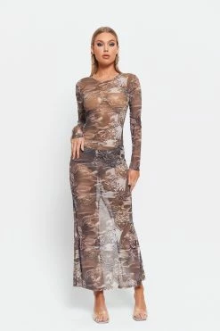 Solado Abstract Print Split Hem Mesh Long Sleeve Maxi Dress