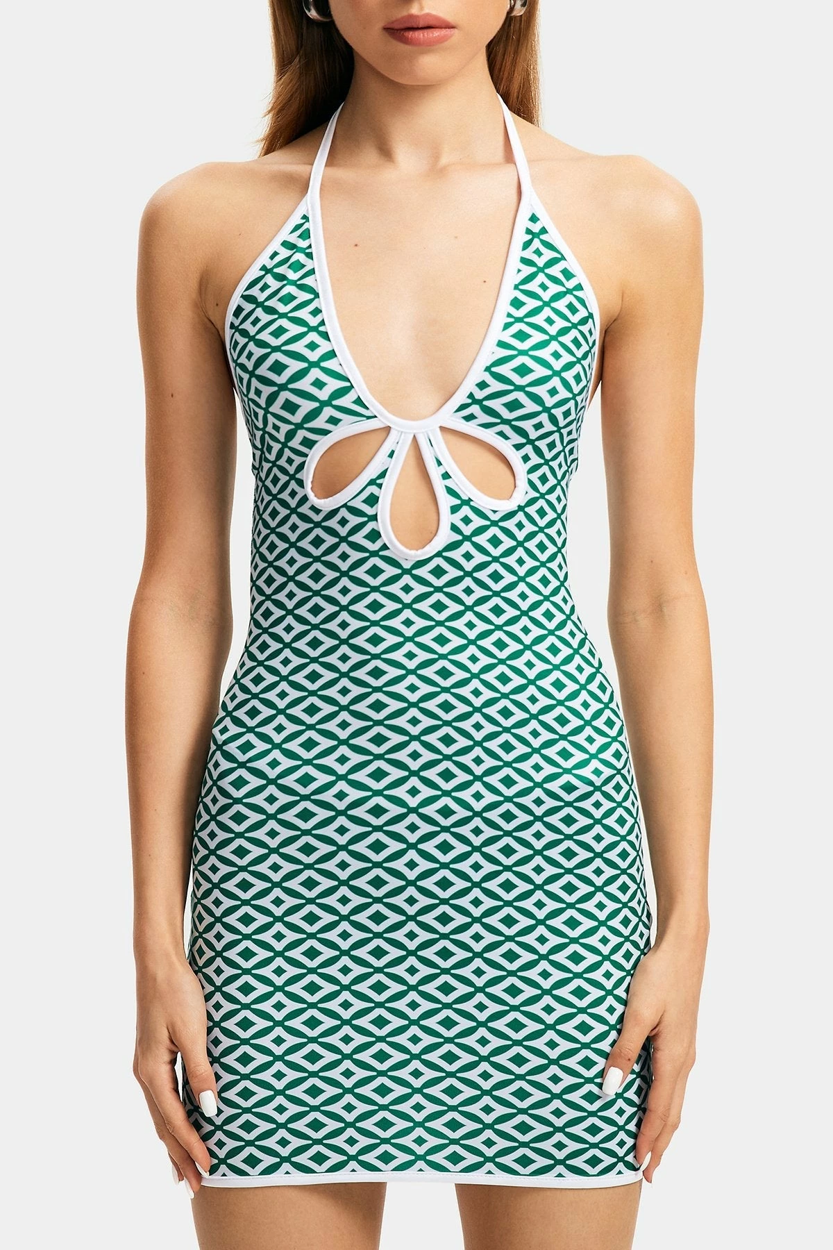 Solado Plunging Neck Rhombus Print Cut Out Mini Dress 6 Solado Plunging Neck Rhombus Print Cut Out Mini Dress - Image 6