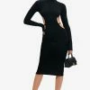 Solado Mock Neck Open Back Split Hem Long Sleeve Midi Dress