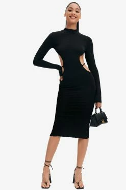 Solado Mock Neck Open Back Split Hem Long Sleeve Midi Dress