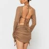 SOLADO Open Back Flared Sleeve Ruched Mini Dress