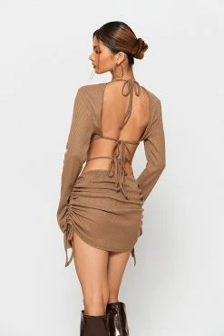 SOLADO Open Back Flared Sleeve Ruched Mini Dress