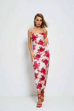 Solado Satin Floral Print Backless Cami Maxi Dress