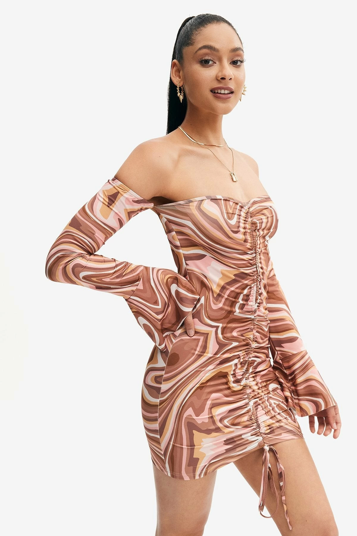 Solado Off Shoulder Swirl Print Flared Sleeve Mini Dress 3 Solado Off Shoulder Swirl Print Flared Sleeve Mini Dress - Image 3