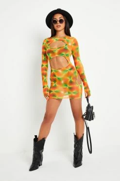 SOLADO Abstract Print Cut Out Mesh Long Sleeve Mini Dress