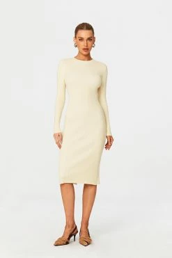 Solado Ribbed Knit Split Hem Bodycon Long Sleeve Midi Dress